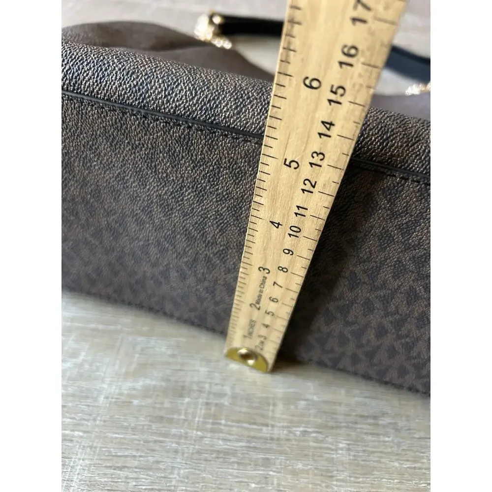 Michael Kors Jet Set Large Chain Tote Brown MK Monogram PVC Leather Trim Bag EUC